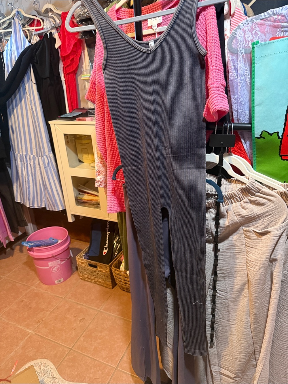 Sleeveless Ribbed Jumpsuit Leggings - Charcoal Gray